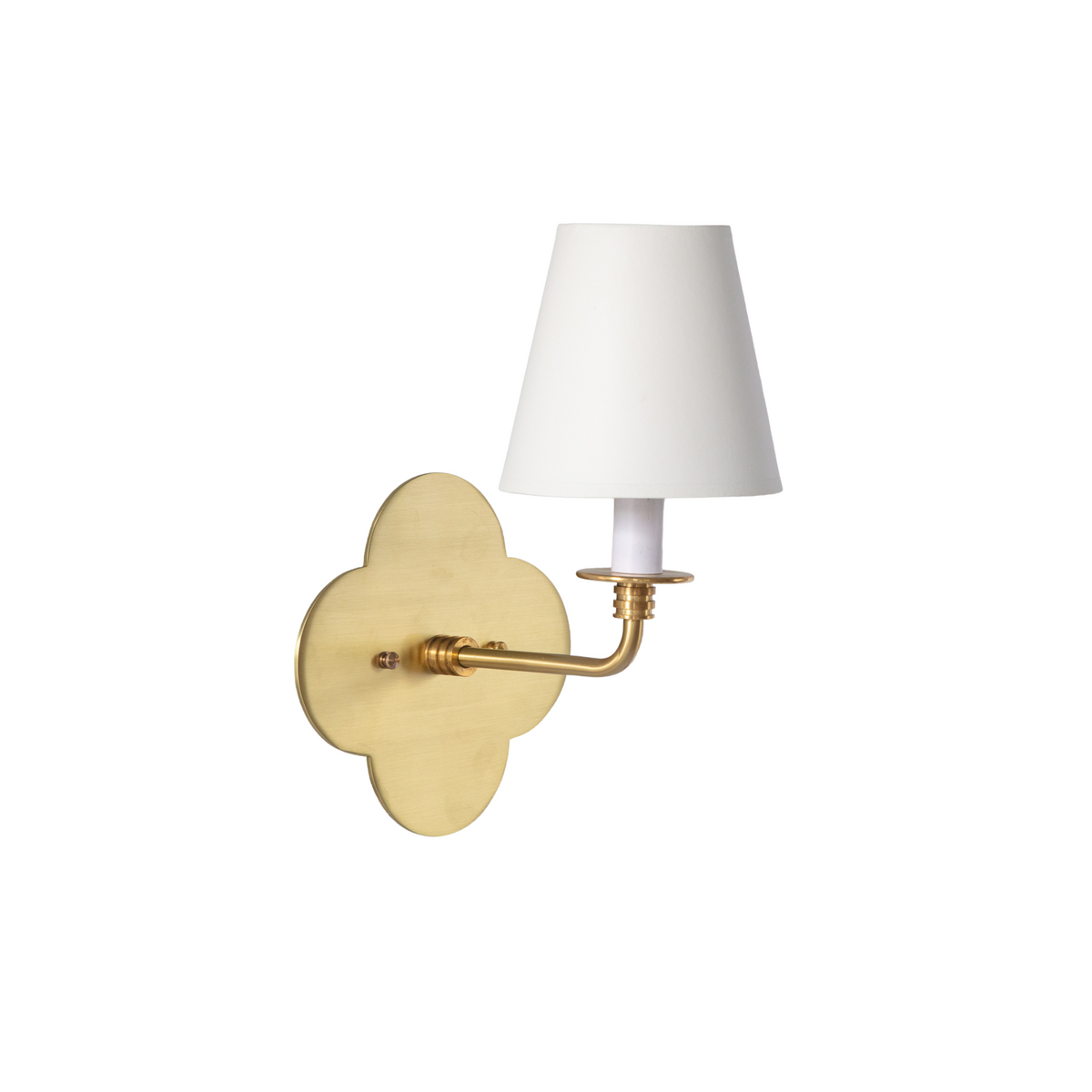 Cirrus Candlestick with 5&quot; White Linen Chandelier Shade in Hewn Brass